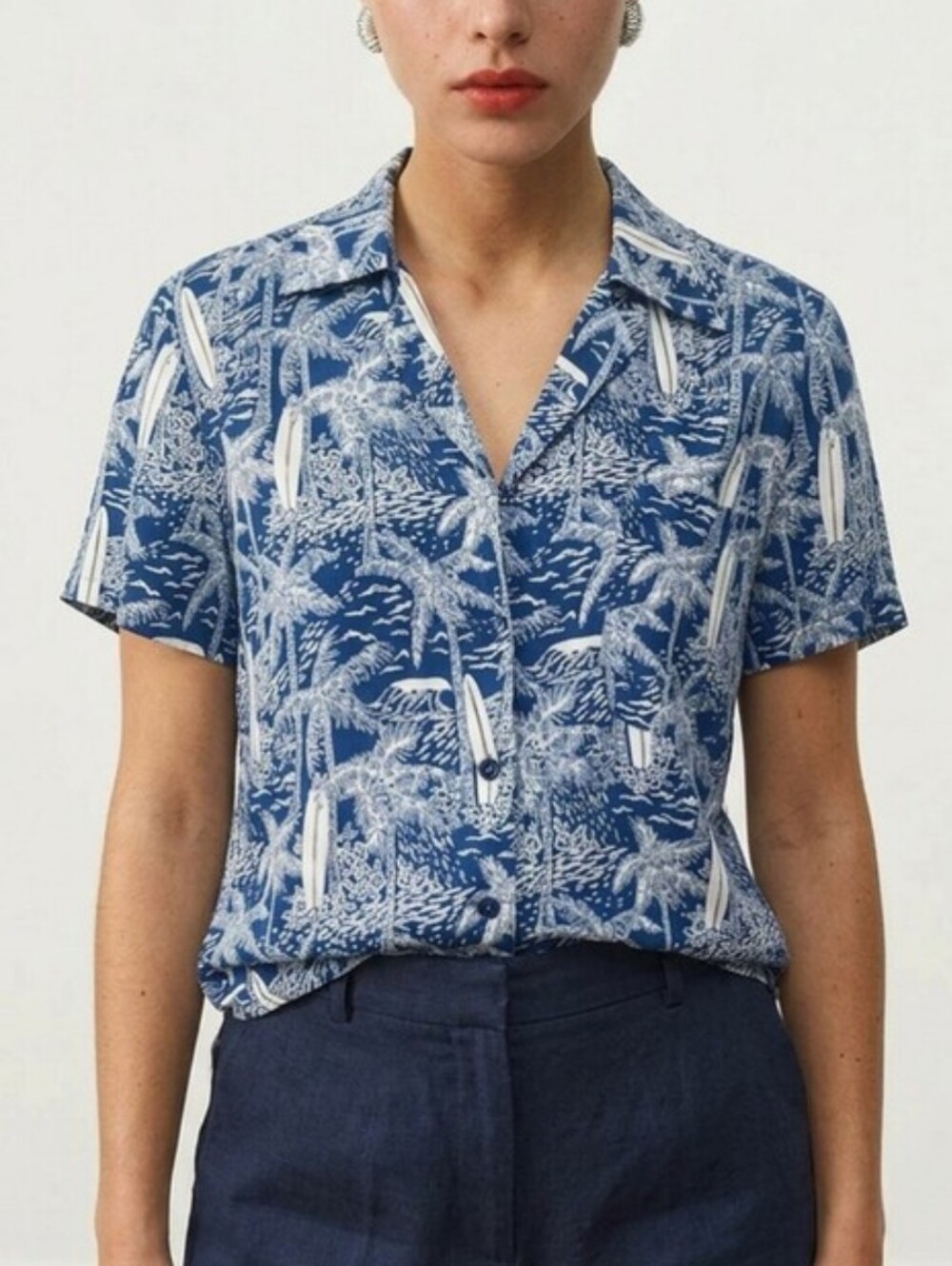 Reformation Cuba Button Down Shirt Short Sleeve Tropical Print Blue Size S